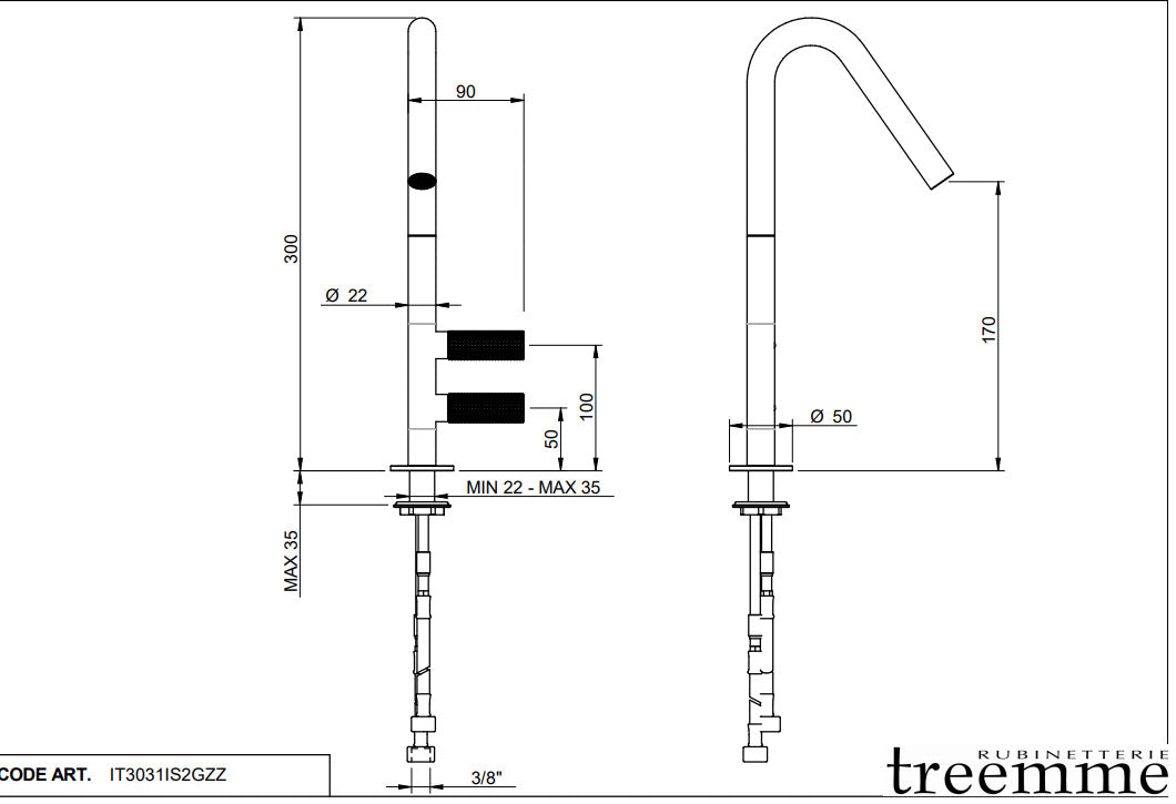 Rubinetterie Treemme IT3031IS2GZZ Küchenarmatur Edelstahl 22mm