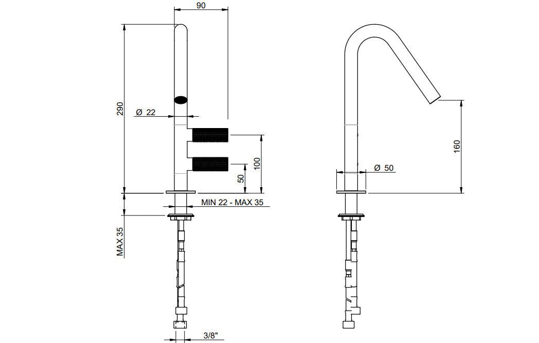 Treemme 22mm IT3014IS2GZZ Waschtischarmatur Edelstahl gebürstet – 160 mm