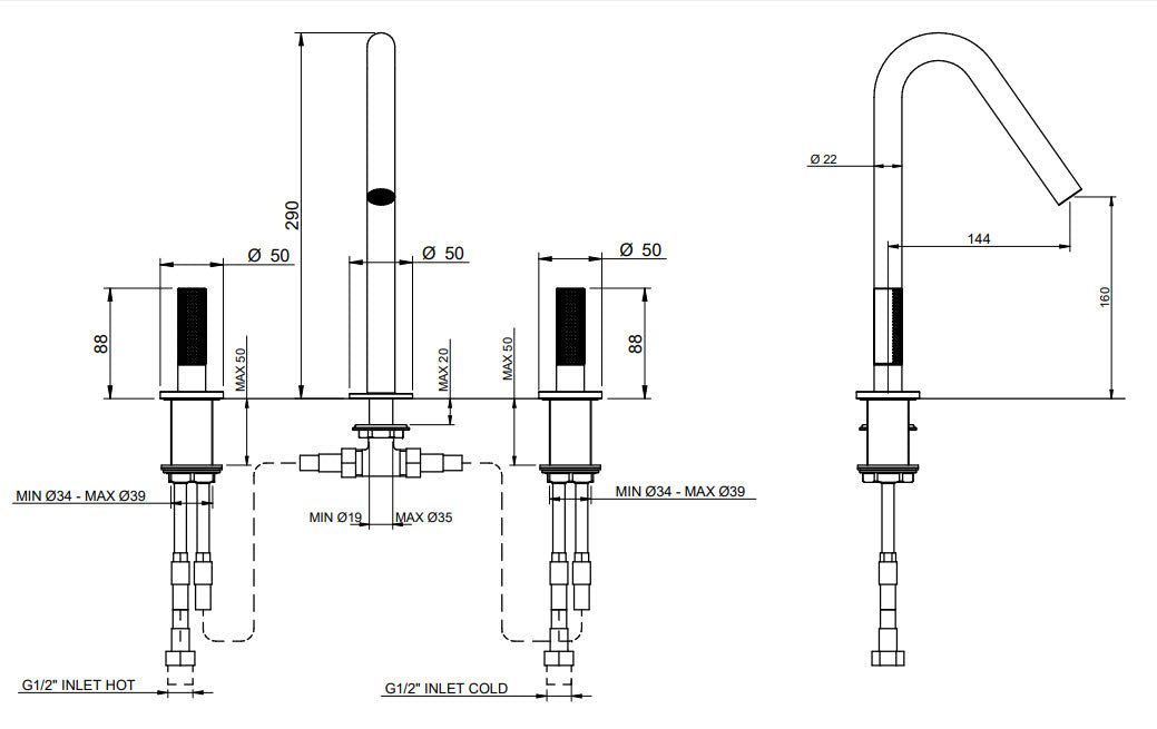 TREEMME 22MM 3-Loch Waschtischmischer 2-Griff 160 mm – Edelstahl