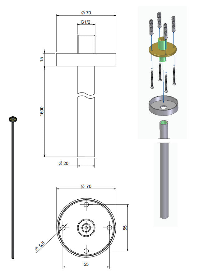 Treemme 40mm Decken-Auslauf 1600 mm rund – Edelstahl gebürstet