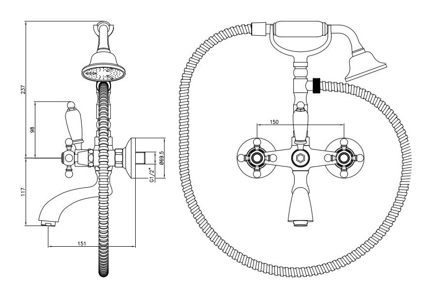 2 Griff Wannenarmatur mit integriertem Deviator - Old Fashion