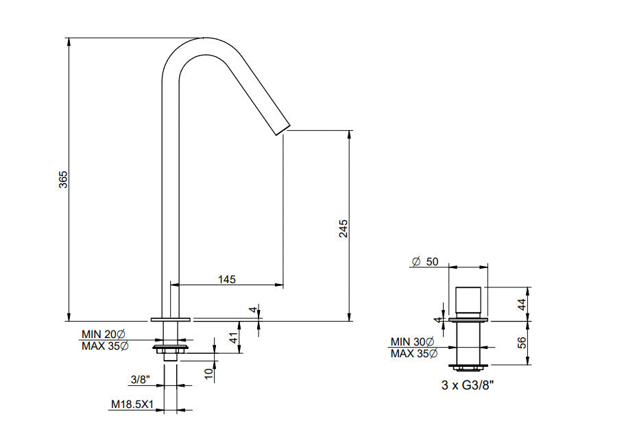 Treemme IT 1133 IS 2H ZZ – 22mm Küchenarmatur Edelstahl, 2-Loch