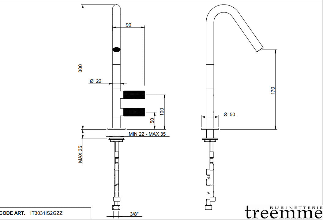 Treemme IT 3031 IS 2G ZZ – 22mm Küchenarmatur Edelstahl, 2-Griff