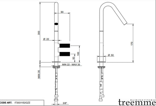 Treemme IT 3031 IS 2G ZZ – 22mm Küchenarmatur Edelstahl, 2-Griff