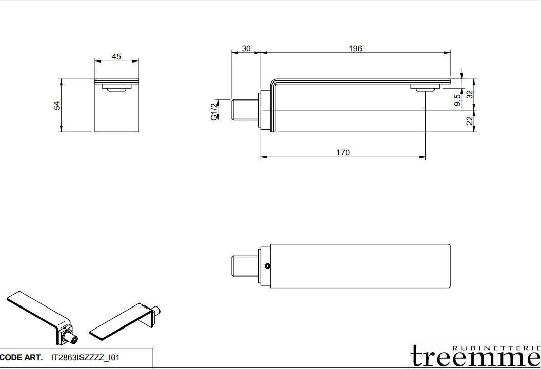 Treemme 5mm Wand-Waschtischauslauf 170 mm Edelstahl – IT 2863 IS ZZ ZZ