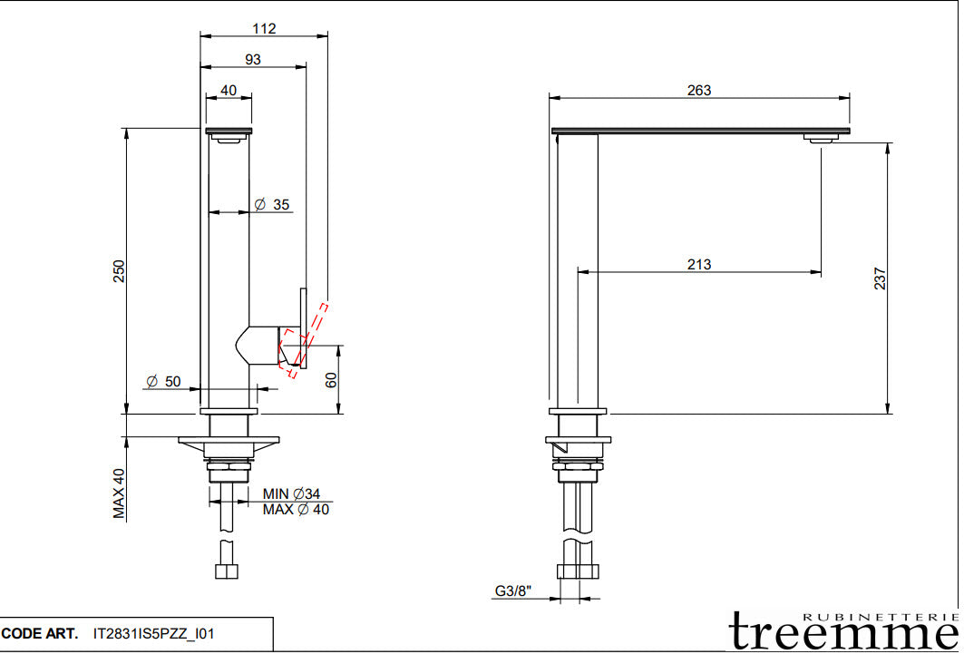 Treemme 5mm Küchenarmatur IT 2831 IS 5P ZZ – Edelstahl, schwenkbarer Perlator Auslauf