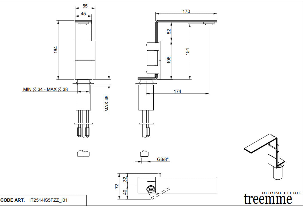 Treemme IT 2514 IS 5F ZZ Waschtischarmatur 2-Griff | 5mm Edelstahl
