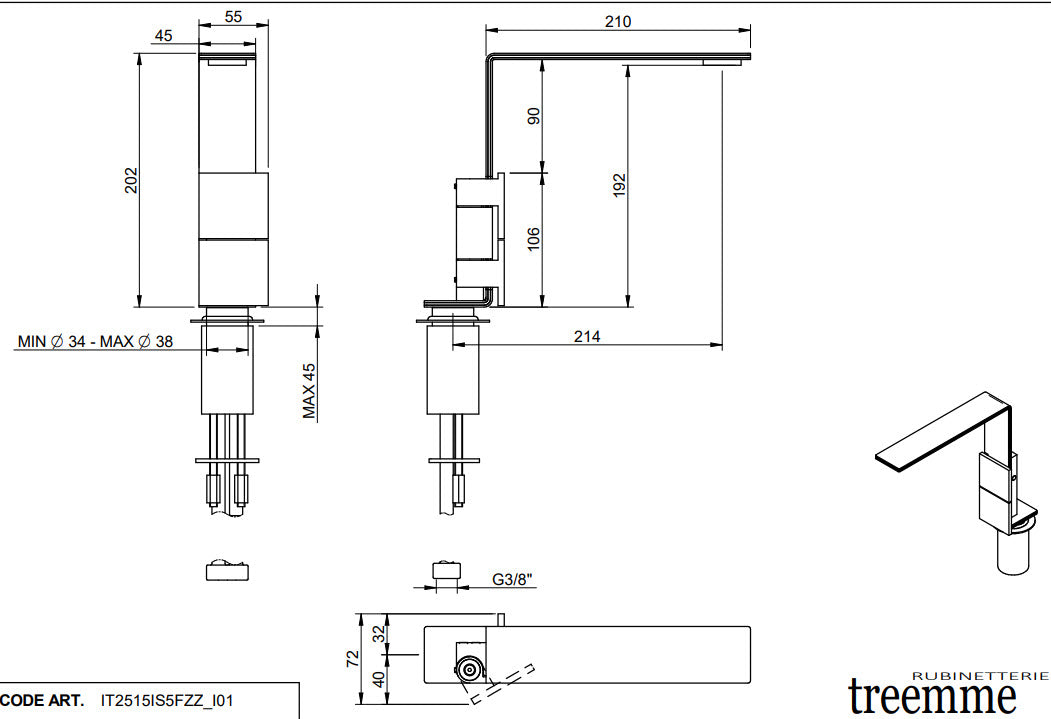 Treemme IT 2515 IS 5F ZZ Waschtischarmatur 2-Griff 192 mm | 5mm Edelstahl