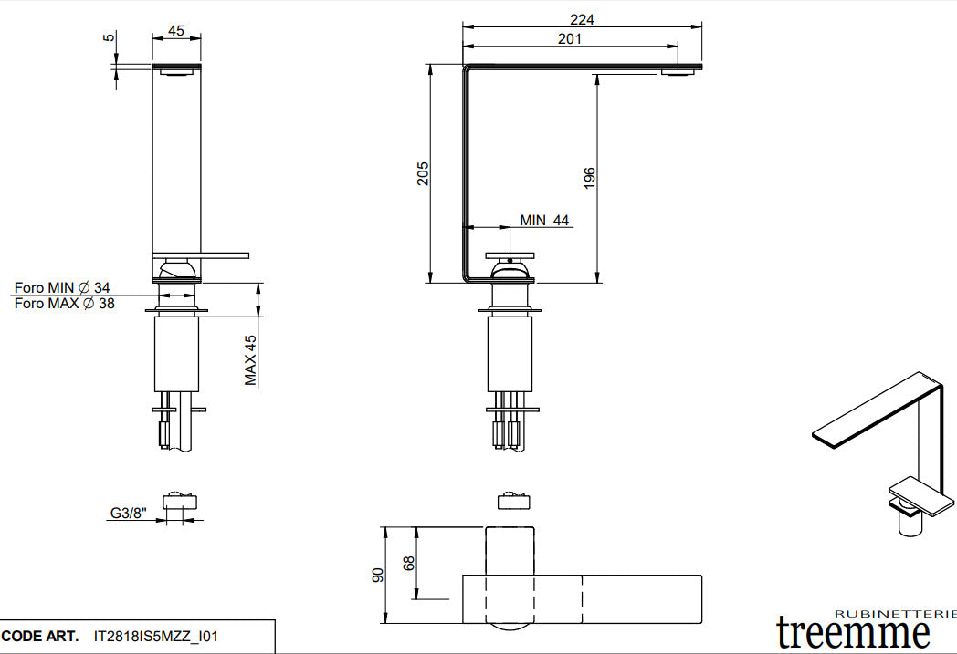 Treemme 5MM IT 2818 IS 5M ZZ – Waschtischarmatur Edelstahl 196 mm