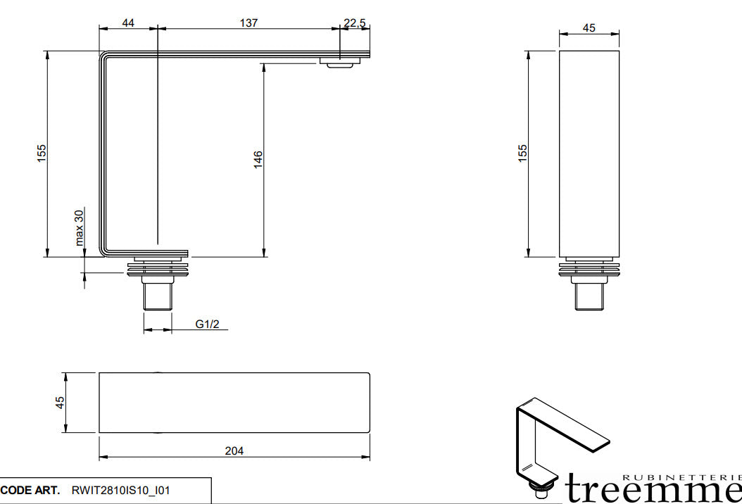 Treemme 5MM RWIT 2810 IS 10 – Waschtisch-Auslauf Edelstahl 146 mm