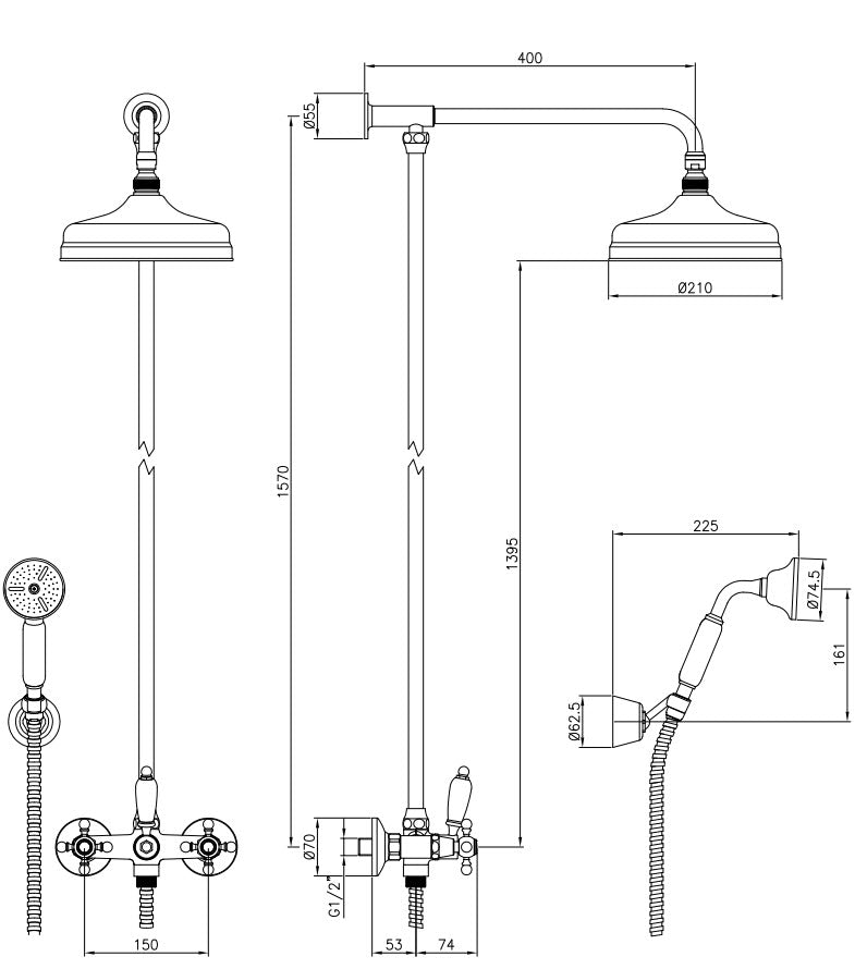 Duschsäule mit integriertem Umschaltventil für eine externe Dusche - Old Fashion